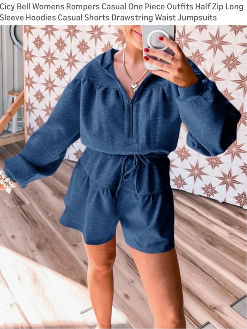 Cicy Bell Casual Half-Zip Drawstring Waist Romper - Blue size S-M